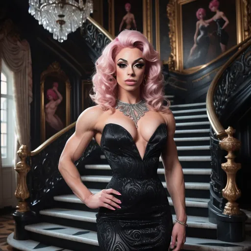 Prompt: High-resolution, cinematic-style photograph featuring a gorgeous ultra-muscular 25-year-old French drag queen bodybuilder with fair skin and pink hair styled in elegant waves. Wearing a black and silver conservative, yet classy dress outfit. She is standing on an ornate staircase in a grand, opulent interior.