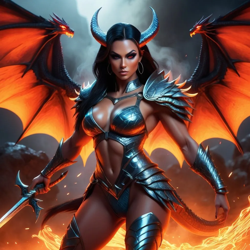 Prompt: Ultra-realistic, Gorgeous ultra-muscular 25 years old Finnish drag queen bodybuilder, Ultra detailed illustration painting of a luminous, gorgeous, angry, and enchanting humanoid dragongirl with dark hair wielding a mystical spear in battle. She is fit, toned, lean, huge busom and very muscular, large dragons wings, and a long tail. Her feet have on 8 inch stiletto high heel boots and her skin has slight scaly aspect to it. She is shouting in rage, the back of her mouth lit with an ambient fiery glow. Glowing red eyes, and wisps of smoke rise from her nostrils. Dynamic pose, female armor, realm enviroment, close mid shot, rule of thirds depth of field intricate details, concept art, subtle colors, fantastical realm, extremely detailed, ultra sharp focus, light particles, attention to detail, grandeur and awe, cinematic, stunning visual masterpiece, double exposure, 8k, photorealistic, strong outlines, cinematographic scene,