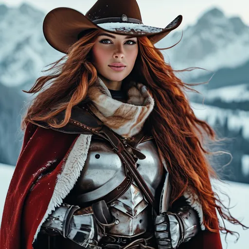 Prompt: A hi-res 8k hd digital photograph of a proud gorgeous rugged cowgirl with huge busom in winter snowy mountains. She is wearing a dark red cloak lined with fur and a scarf over metal armor. She has ridiculously long wavy dark red hair and a brown cowboy hat. She is holding a halberd. It is snowing and windy. She is smiling. Cowboy hat.