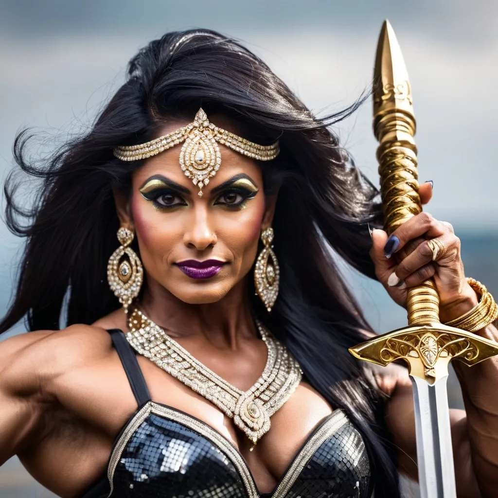 Prompt: A gorgeous muscular 35-year-old Indian drag queen bodybuilder, boldly posing with a gleaming sword in front of her face, exuding power and confidence. Her striking greyish Indian skin contrasts beautifully with her long, flowing hair and adorned with shimmering golden jewels around her neck. A captivating round face highlights her long nose and a bold smile on her lips. Set against a dramatic battlefield backdrop, the atmosphere is charged with tension and valor, creating an ultra-detailed image.