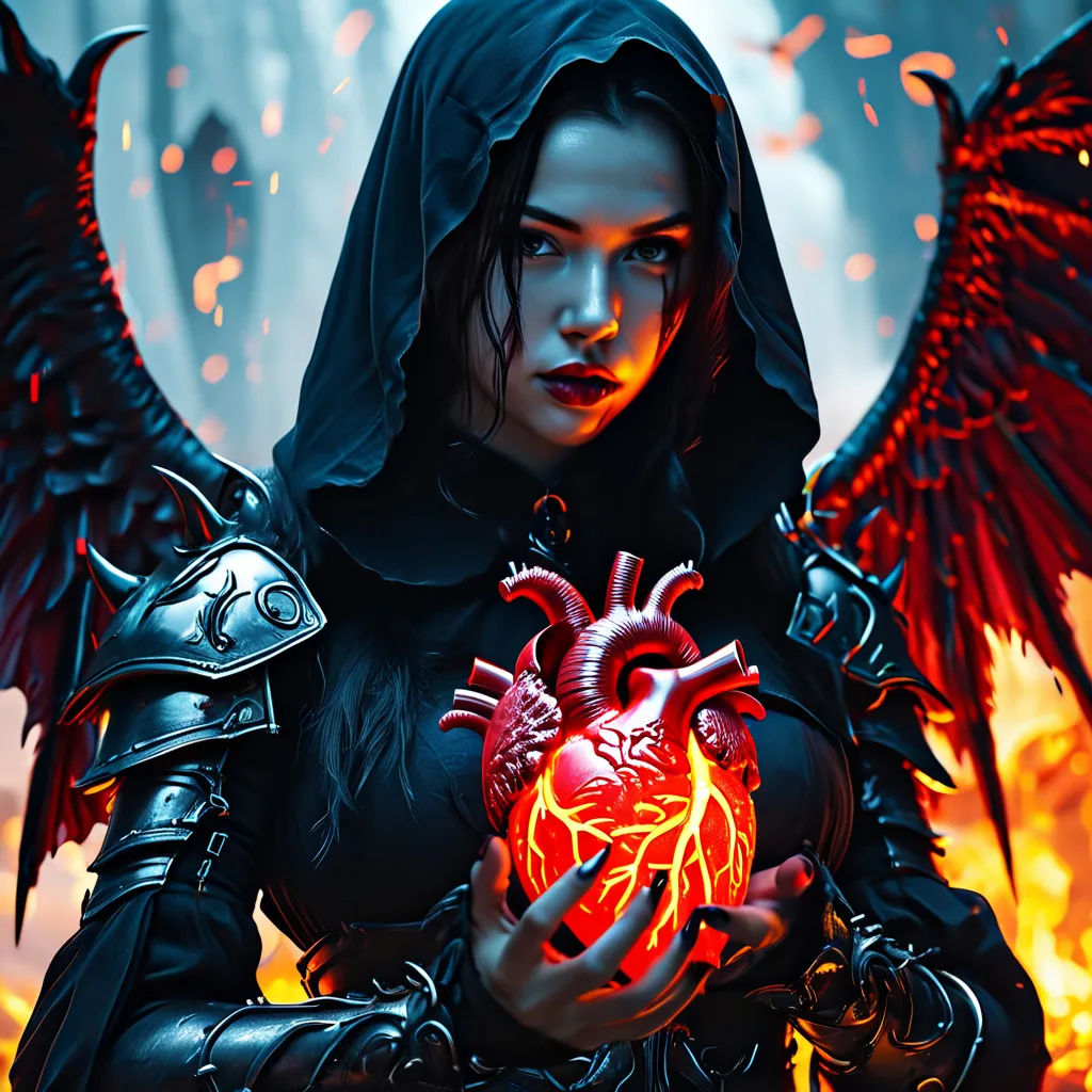 Prompt: From the depths of hell rises a female figure in black with a bloody human heart in her hand. 