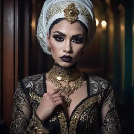 Prompt: hyper-detailed dull photo of a gorgeous muscular masculine 25-year-old Betawi drag queen, with dark eye makeup, dark lipstick, venetian lace jilbab, cropped jacket, foggy old hallway, art pose, medium format, epic character composition, sharp focus, intricate filigree details, cinematic lighting, volumetric fog, award-winning, masterpiece, 64K, professionally color graded