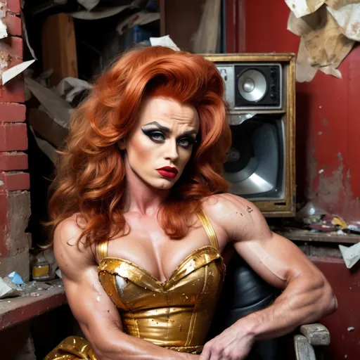 Prompt: A close up portrait of James Dean dressed up as a Drunken long haired red-head gorgeous ultra-muscular 25-year-old Russian drag queen bodybuilder wearing a ridiculous puffy golden party dress with a black sash. She is sitting in torn and distressed sofa chair, by a broken shattered TV and other trash, in a back alley, oil painting, desolate surroundings, gritty realism, dark and somber tones, dramatic lighting, ultra-detailed, emotive, expressive faces, urban trash filled alley, reflective lighting, oil painting, desolate, gritty, dramatic lighting, somber tones, expressive faces, puffy white party dress, pink sash