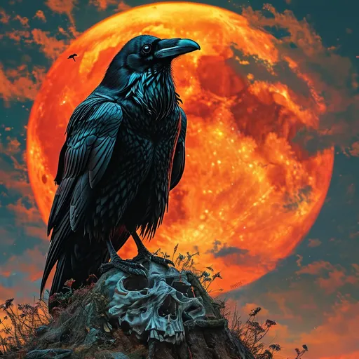 Prompt: A raven sitting atop a human skull lit by a blood moon