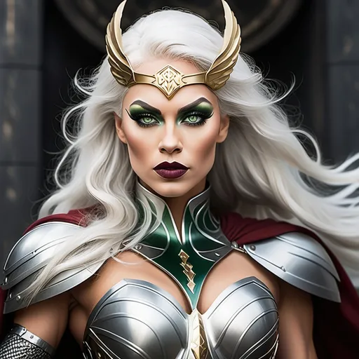 Prompt: a Valkyrie, a powerful, majestic gorgeous drag queen with long, flowing silver hair and piercing green eyes, dark eye makeup, dark red lipstick, muscular physique, perfect body, wearing a suit of armor that shines like gold in the light, perfect body, with intricate engravings of Norse mythology flowing white cape that billows behind her like a cloud. She should be holding a spear in one hand, with a shining silver tip that seems to glow with an otherworldly energy. The background should be a misty, mystical landscape with hills and towering trees, with a faint glow of the Northern Lights,shimmering aura that suggests her connection to the gods and her role as a guide for souls to Valhalla, ultra detailed,14k, sharp focus, cinematic,dslr, glamour shot,