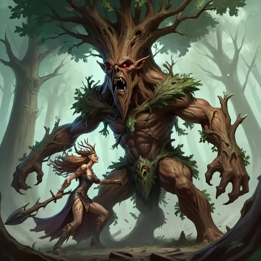 Prompt: Evil demonic treant attacking a brave warrior queen.