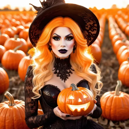 Prompt: If a Jack-o-lantern was a gorgeous 25-year-old drag queen with dark eye makeup,  dark lipstick,  8 inch stiletto high heel shoes.  Pumpkin field.