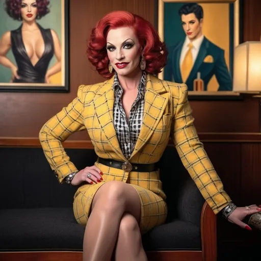 Prompt: Sophisticated art deco lounge, elegant gorgeous muscular 35-year-old French drag queen bodybuilder with large busom, muscular figure, curly red hair,  yellow plaid tweed jacket, yellow blouse, yellow pencil skirt, black 6 inch stiletto high heel boots, crowded scene, subtle smile, high-res photo, plump buxom physique, art deco, elegant, detailed facial features, realistic, sophisticated, busy setting, vibrant colors, professional photography