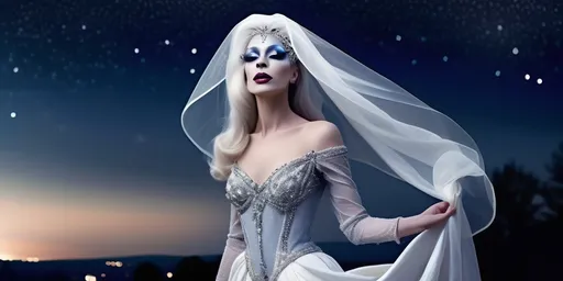 Prompt: (beautiful white Swedish drag queen) walking gracefully under a starlit sky, (melancholic mood), deep indigo and shimmering silver tones, soft ethereal glow, a delicate veil of night softly surrounding her, gentle whispers of a cool breeze, capturing a moment of quiet elegance, (highly detailed), enchanting landscape in the background, timeless and romantic atmosphere.