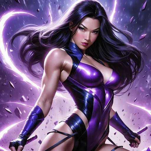 Prompt: Gorgeous ultra-muscular 25-year-old Asian Betsy Braddock as Psylocke, purple aura and purple lighted daggers.