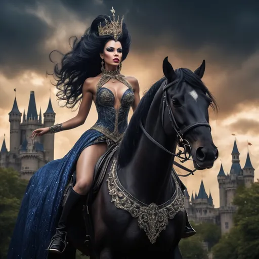 Prompt: A gorgeous muscular drag queen stands before her castle, her castle in the background, her back towards the viewer, she is mounted on her horse, long flowing black hair cascading elegantly down her back, royal attire shimmering with intricate details, high-reaching towers, under a dramatic dark sky, rich colors, ultra-detailed, high definition, emphasizing royal elegance and strength.