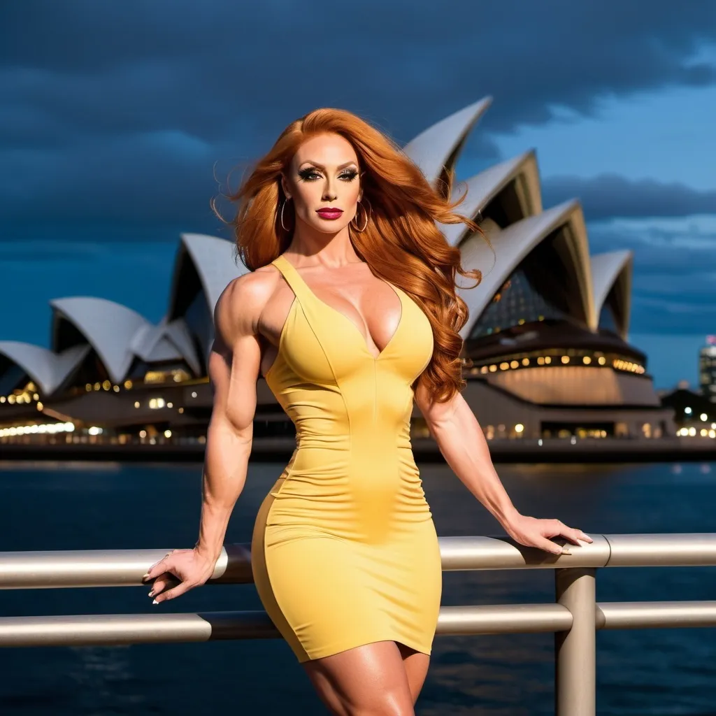 Prompt: Gorgeous ultra-muscular 25-year-old Australian drag queen bodybuilder, very well endowed, ultra-long thick ginger hair (((blowing in the wind))), wearing a light yellow knee-high sundress, and 8 inch stiletto high heel shoes standing in front of the Sydney Opera House at night. Muscular physique. 