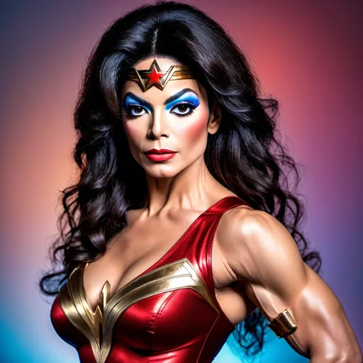 Prompt: Michael Jackson dressed up as (Gorgeous ultra-muscular Turkish drag queen bodybuilder wearing wonder woman dress and 8 inch stiletto high heel boots) age 45 years old, professional photo, vivid colors, studio lighting, hyper detailed, HDR, bokeh, long silk hair, full body, perfect anatomy, beautiful face ,Sunset background, highly realistic, ultra-detailed, 8K, high quality.