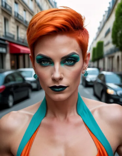 Prompt: Location: Paris
Hair color: bright orange
Hair length:  short pixie
A high definition hyper-detail live action digital photograph of a gorgeous masculine 35-year-old, athletic, genderfluid Parisan drag queen bodybuilder. Masculine jawline, chin and brow. Feminine muscular body and legs. Dark eye makeup and dark lipstick. Wearing a cute stylish teal cocktail dress, black nylon stockings, and 8 inch stiletto high heel shoes.