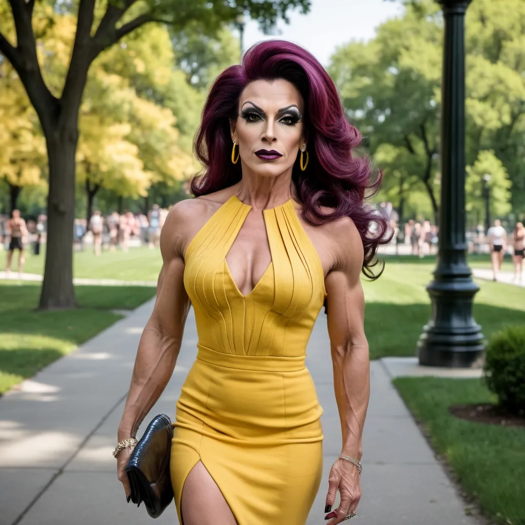 Prompt: A gorgeous muscular 45-year-old Romanian drag queen with a medium length salt and pepper swept over hair, with  strong masculine facial features,  dark eyeshadow and dark lipstick,  wearing a yellow Knit Pleat-Back Dress, and 8 inch stiletto high heel shoes,  walking through Grant Park in the summer.