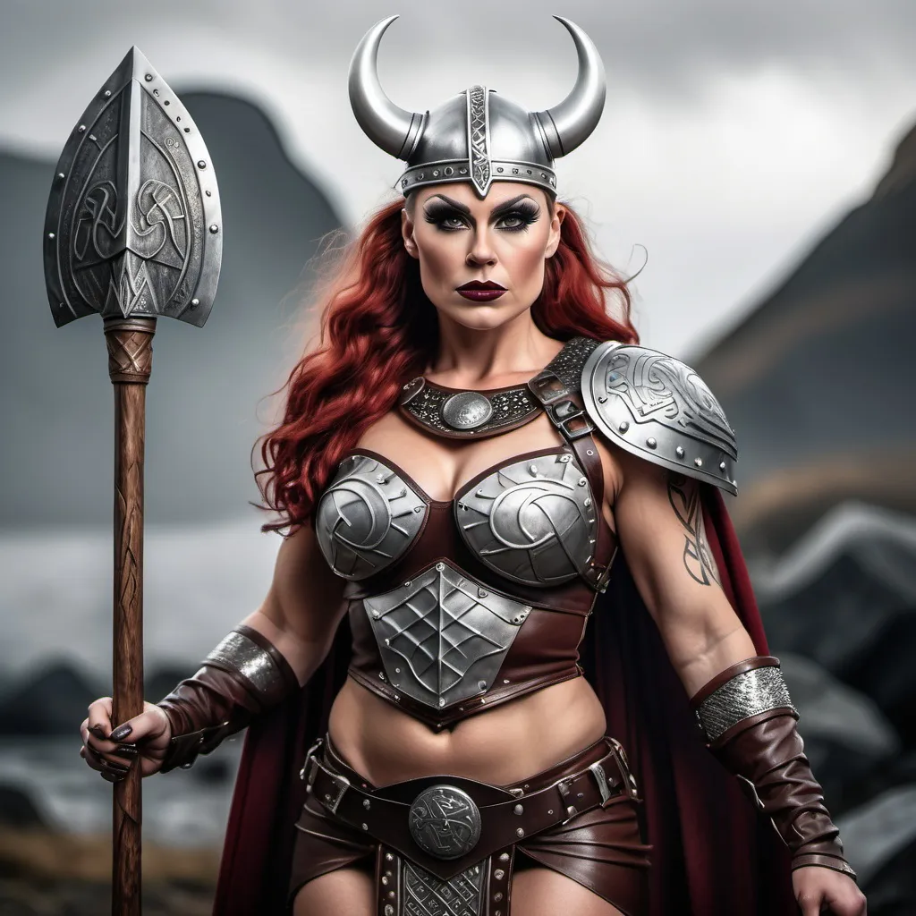 Prompt: Generate a highly photorealistic portrait full body shot of a gorgeous muscular 35-year-old Viking Valkyrie drag queen (strong masculine jawline and brow features) with large busom, holding a magical spear, silvery viking armor with runes, dark red lipstick, thick legs, over knee boots. She is looking down while standing. She is standing in an ancient Viking city.