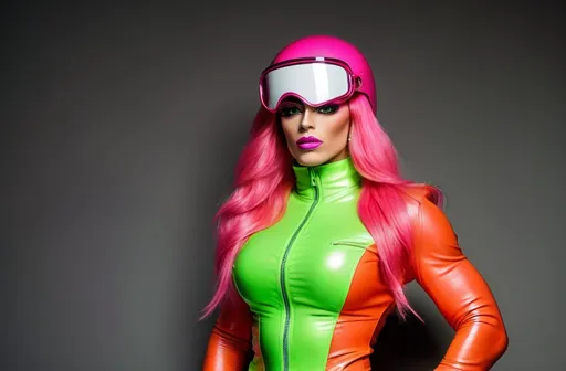 Prompt: Gorgeous ultra-muscular Finnish 25-year-old Italian drag queen bodybuilder with huge busom and has long dark orange hair in a full fringe. She wears a neon green racer helmet with goggles, a hot pink leather jacket with a neon orange turtleneck and neon green gloves, hot pink skirt with red pants underneath and white boots. She's standing and posing on a racetrack.