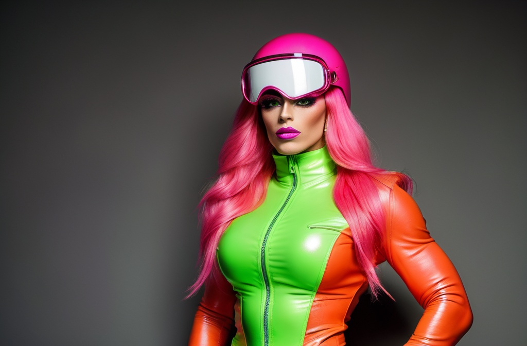 Prompt: Gorgeous ultra-muscular Finnish 25-year-old Italian drag queen bodybuilder with huge busom and has long dark orange hair in a full fringe. She wears a neon green racer helmet with goggles, a hot pink leather jacket with a neon orange turtleneck and neon green gloves, hot pink skirt with red pants underneath and white boots. She's standing and posing on a racetrack.