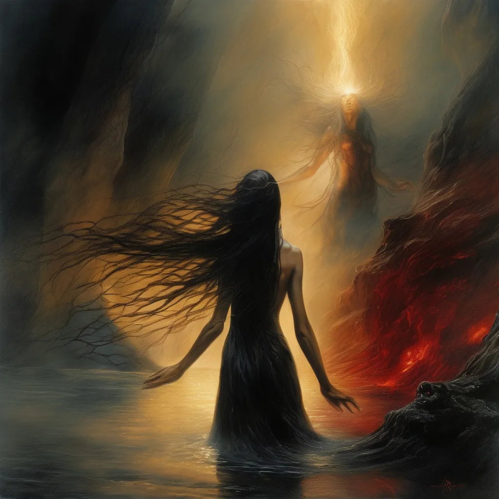 Prompt: Surrealistic dark fantasy art. Close-up medium shot. A nue woman with flowing long hair reaching out to touch River Styx, a dark shrouded figure in the background. Warm golden light. Eerie dark shadows. "Mysterious swirling smoke". "Glowing red eyes in the darkness". " Woman's hair flows like the river". Luis Royo, H.R. Giger, Gustave Doré, dark mystical atmosphere, best quality, incredibly detailed, surreal beauty, eerie landscapes.