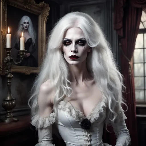 Prompt: Single image: A gorgeous dreamy ghostly mature muscular 25-year-old drag queen (strong masculine jawline and brow) with dark eyeshadow, dark red lipstick, and ridiculously long flowing ghostly white hair remains alone and eternally sad in her haunted Victorian Old mansion waiting for her long lost love to return art by Daria Endresen, John Reuss, Lin Fengmian, Robert Ryman, Elger Esser, Rimel Neffati. 3d, watercolors and ink, beautiful, fantastic view, extremely detailed, intricate, best quality, highest definition, zoomed in, hyper-muscular, muscles