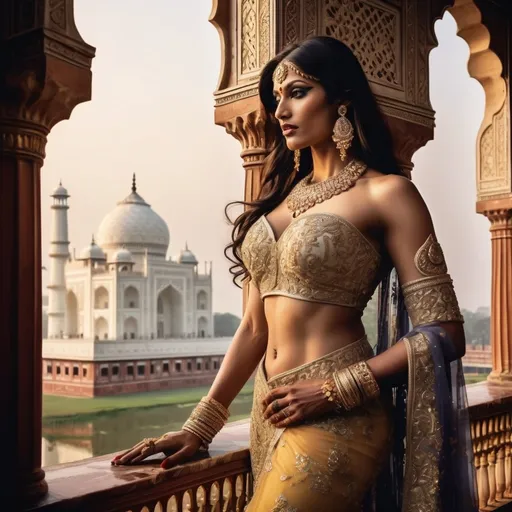 Prompt: A breathtakingly beautiful, muscular 35-year-old Indian drag queen bodybuilder princess from ancient times, standing gracefully in the majestic palace of the Taj Mahal. She wears an opulent, traditional Mughal-era royal outfit, intricately embroidered with gold and encrusted with precious gemstones. Her flowing silk dupatta shimmers under the soft moonlight, casting a mystical glow. Delicate henna patterns adorn her hands, and exquisite jewelry—bejewelled maang tikka, heavy gold necklaces, and shimmering bangles—enhance her regal elegance.

The palace is bathed in a dreamy, ethereal light, with the marble reflecting hues of silver, gold, and soft pastels. Floating flower petals drift through the air, carried by a gentle, unseen breeze. The atmosphere is infused with an enchanting, fairytale-like glow, as if the scene exists between dreams and reality. Wisps of golden mist swirl around her feet, and the sky above is illuminated by a crescent moon and twinkling stars. In the background, the silhouette of the Taj Mahal stands majestically, its domes glowing under the celestial light. The entire scene radiates an aura of romance, mystery, and divine elegance, as if touched by the gods themselves.