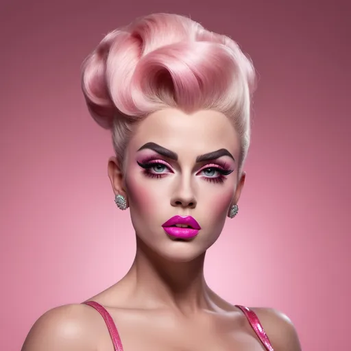 Prompt: Photorealistic, 8k, full length, James Dean dressed up as an attractive spoiled bratty drag queen, she has strong masculine facial features, plump pouty oversized lips, duck lips, Chiseled strong masculine jawline, masculine brow, muscular physique, huge platinum pink bouffant hairstyle with beehive bun and long extensions, wearing a cute 1950s style dress and 8 inch stiletto high heels, extremely heavy chav makeup style, she is walking,