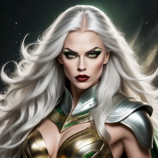 Prompt: a Valkyrie, a powerful, majestic gorgeous drag queen with long, flowing silver hair and piercing green eyes, dark eye makeup, dark red lipstick, muscular physique, perfect body, wearing a suit of armor that shines like gold in the light, perfect body, with intricate engravings of Norse mythology flowing white cape that billows behind her like a cloud. She should be holding a spear in one hand, with a shining silver tip that seems to glow with an otherworldly energy. The background should be a misty, mystical landscape with hills and towering trees, with a faint glow of the Northern Lights,shimmering aura that suggests her connection to the gods and her role as a guide for souls to Valhalla, ultra detailed,14k, sharp focus, cinematic,dslr, glamour shot,