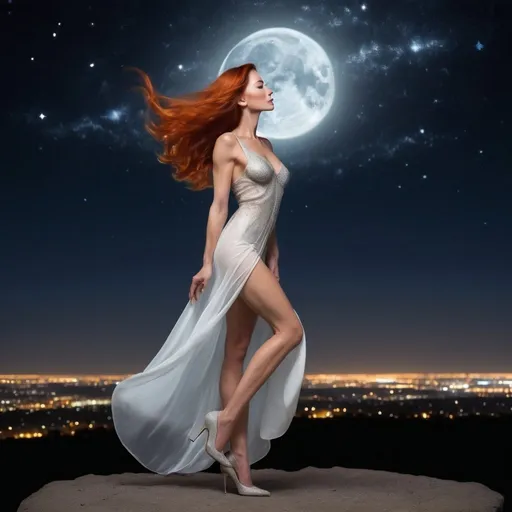 Prompt: In a serene setting beneath a canopy of twinkling stars, a gorgeous muscular 60 year old goddess wearing 8 inch stiletto high heel shoe stands illuminated by the soft glow of the moonlight. Her silhouette is striking against the dark night sky, creating a captivating contrast that accentuates her elegance and grace.

She has flowing dark orange hair that seems to shimmer and dance in the gentle night breeze, reflecting the subtle light of the stars above. Her eyes sparkle with a mysterious allure, mirroring the constellations that dot the sky.

Her attire is simple yet elegant, a flowing white see-through dress that seems to mimic the movement of the night sky itself. It billows gently around her as she stands, creating a dreamlike aura that adds to her ethereal beauty.

As she gazes up at the stars, a sense of wonder and awe fills her expression. Her connection to the universe is palpable, as if she holds a secret understanding of the mysteries of the cosmos.

Surrounded by the beauty of the night sky, this woman embodies the timeless allure of the heavens. Her presence is both calming and enchanting, making her a mesmerizing focal point against the backdrop of the starry night.






