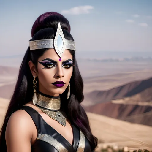 Prompt: Create a portrait photo of a young Arabic drag queen warrior chief with a serious expression, dark eye makeup and dark lipstick, standing on a hilltop overlooking a vast landscape. Use 50mm portrait photography to create a close-up and unique perspective, and capture the strength and determination in her eyes.