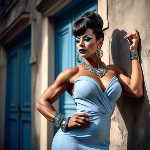 Prompt: digital painting of a gorgeous muscular 35-year-old French drag queen bodybuilder with big busom, dark eyeshadow, dark lipstick ( in light blue dress   ,bracelet , necklace)bangs hair , leaning against the wall in modeling pose(low angle shot) outside on a sunlit street, (daylight streaming softly onto her skin), natural lighting, dark colors, crisp details, (old buildings with rustic walls , emphasize the woman's outfit ), high resolution, 4K, emphasizing the warmth of the sun and the comfort of the scene, ultra-detailed elements creating a lively outdoor atmosphere.,ultra detailed face features 