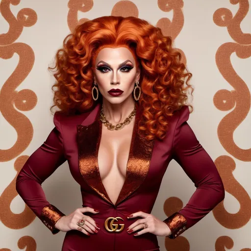 Prompt: I would like to create a beautiful muscular 35-year-old Norwegian drag queen. Full burnt orange curly hair, big busom, and full burgundy lipstick, designer gucci pattern outift gucci designer outfit