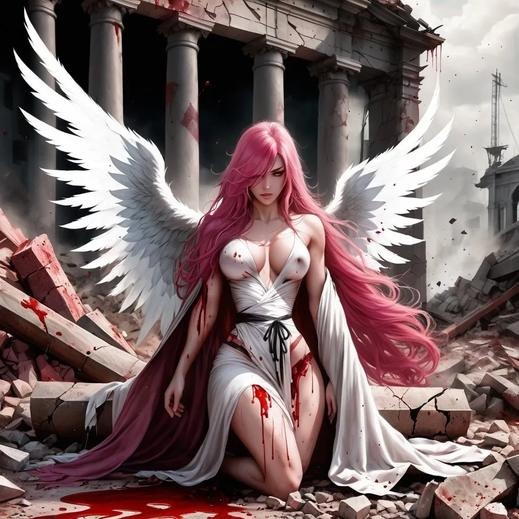 Prompt: Gorgeous ultra-muscular 25-year-old Finnish angel with huge busom and ridiculously long flowing platinum pink hair, wrapped dirty robes covered in blood, large broken, bloody wings, on her knees in the middle of rubble.