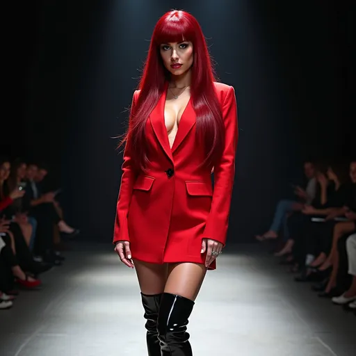 Prompt: A gorgeous ultra-muscular 25-year-old Czechian drag queen bodybuilder with very long straight shiny dark red hair wearing a Men’s blazer as a (fashion dress), high-heeled boots, (vibrant colors), modern design, chic and stylish, dramatic flair, unique ensemble, striking contrast, luxurious fabric textures, sleek silhouette, fashion runway atmosphere, (ultra-detailed), showcasing bold femininity, (high fashion), contemporary styling, inspiring confidence and elegance.