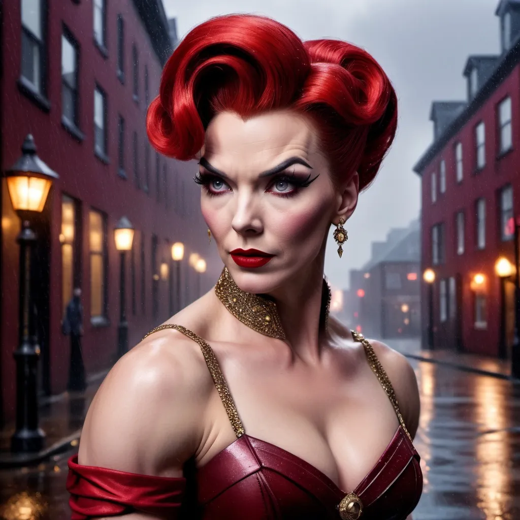 Prompt: Dr. Strange dressed as A hyper realistic flawless 25-year-old gorgeous Northern European drag queen bodybuilder with red updo hair walking the streets as a 50s housewife on a dark and rainy night. Heavy eye makeup. Dark red lipstick.