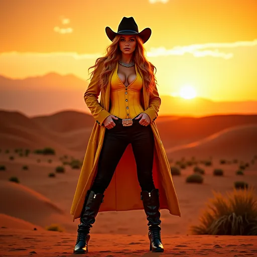 Prompt: (Gorgeous ultra-muscular 25-year-old Swedish drag queen bodybuilder cowgirl with ridiculously long strawberry-blonde hair), standing confidently in a yellow corset and elegant black pants and longcoat, cowboy hat, full body shot, vibrant desert background at sunset, warm golden and crimson tones illuminating the scene, dramatic shadows, ultra-detailed, capturing an adventurous and daring spirit, dynamic pose, rugged leather stiletto high heel boots, striking facial features, showcasing both strength and beauty.