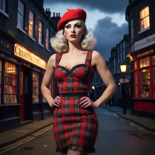 Prompt: (surrealism style mid waist portrait ), vibrant color scheme, (1941 London), shadowy streets at night, mid waist portrait of gorgeous muscular 25-year-old British drag queen in short red plaid dress, black fishnets, and red beret (masculine jawline 
and brow facial features) outside a quaint pub, search lights streaking through a tumultuous sky, vivid explosions lighting the dark atmosphere, bombed and ruined structures surrounding the scene, (dramatic), chaotic ambiance, high contrast between shadow and colorful explosions, (ultra-detailed), evocative imagery, sense of urgency and dread.