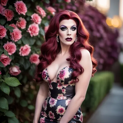Prompt:  Glamour photography of a handsome man DRESSED UP AS a gorgeous 25-year-old DRAG QUEEN (with long wavy dark red hair, beautiful makeup and dark lipstick) in a casual floral dress and 8 inch stiletto high heel shoes with a big busom busom, bokeh