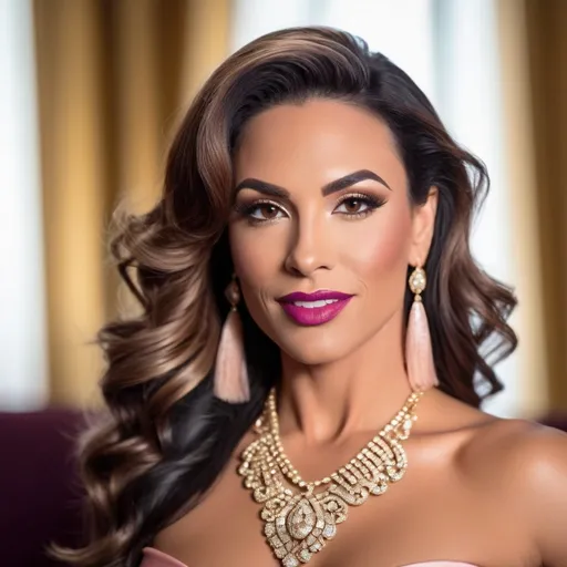 Prompt: Front view, half-body shot, portraiture of a beautiful stylish 35-year-old French drag queen bodybuilder (((with strong masculine jawline and brow))), with big busom and very long curly dark crimson hair smiling sweetly, bright hazel colored eyes, professional dark eye make up and lipstick, dressed in laced peach satin evening dress, perfect muscular body, relax pose, jovial mode, luxurious gold accessories, warm romantic ambience, glittering romantic pendant chandeliers, bokeh effects, lens flare, intricate details, HDR, beautifully shot, hyperrealistic, sharp focus, 64 megapixels, perfect composition, high contrast, cinematic, atmospheric, moody, ISO400, shots made by professional Hassleblad professional lens, no errors at all