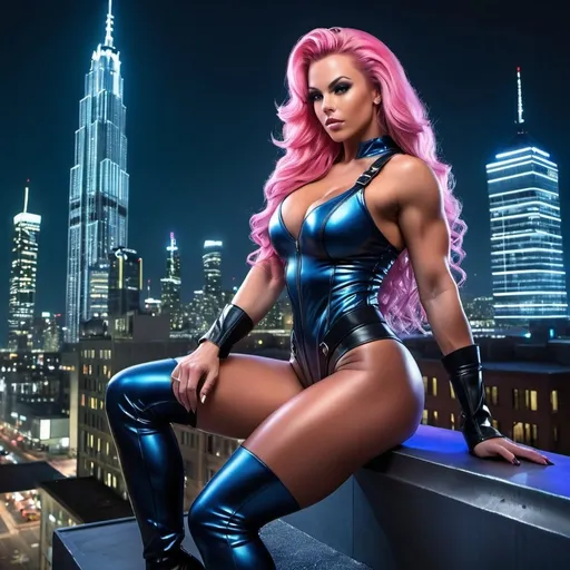 Prompt: Gorgeous ultra-muscular 25-year-old Finnish goddess bodybuilder with huge busom and ridiculously long wavy pink hair wearing skintight form-fitting brightly colored leather armor suit and 8 inch stiletto high heel boots is perched on a side of a building at night,  Artgerm, photorealism, official art, concept art, urban setting, skyscrapers, nighttime, sleek design, professional, atmospheric lighting, city lights casting a cool glow, detailed cityscape, dark tones, high quality, photorealistic, detailed facial features, intense and focused gaze, nighttime cityscape, official attire, urban landscape, detailed environment, highres, ultra-detailed