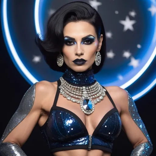 Prompt: Gorgeous muscular 35-year-old Romanian drag queen bodybuilder (with large busom, dark eyeshadow,  dark lipstick,  and short sassy black hair), in a Chanel outer space look, (high fashion) in a cosmic setting, (futuristic) garments with glittering textures and unique cuts, stars and planets sparkling in the background, (deep blue and silver tones) creating a dreamlike atmosphere, dramatic lighting that highlights intricate details of the clothing, (elegant) poses showcasing style, (ultra-detailed) and vivid imagery, atmosphere as if in an interstellar boutique.