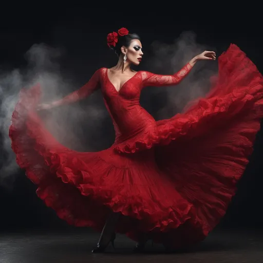 Prompt: a beautiful and sensual 35-year-old drag queen flamenco dancer in red dress dancing gracefully, dark minimalist background, gorgeous detailed face features, background space around her, 
Splash art, hyper detailed, ultra realistic, highly detailed, surreal heavy mist,
Perfect studio lighting, perfect shading, impeccable contrast, HDR, UHD, high res, 64k