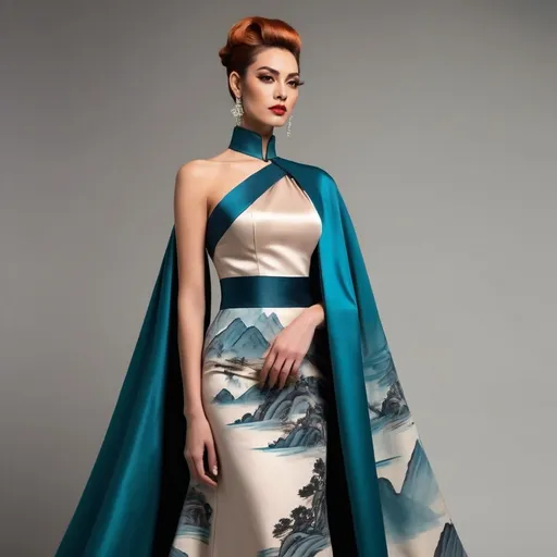 Prompt: The photo shows a gorgeous muscular 30-year-old Turkish drag queen (masculine jawline and brow) with long dark orange updo hair, in a long, elegant gown. Here's a description:

The Gown: The dress is a floor-length A-line gown, featuring a beige or champagne-colored satin top with long, wide sleeves that extend almost to the floor, creating a cape-like effect. The skirt of the dress is adorned with a vibrant, artistic print depicting a landscape of teal and blue mountains in a style reminiscent of traditional Chinese ink wash painting. There are also what appear to be stylized Chinese seals or stamps incorporated into the design. The skirt has a subtle ruffled or tiered detailing at the hem. The neckline is high and closed, in a style similar to a mandarin collar.

The Woman: The model is poised and elegant, her hair neatly pulled back. She wears delicate earrings. Her makeup is subtle and enhances her features.

The Setting: The background is a simple, solid dark red, which gives the gown and the model a striking contrast and prominence.

