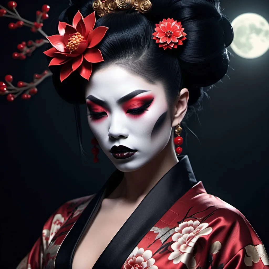 Prompt: (Gorgeous, muscular, goth,  geisha, drag queen bodybuilder), intricate dark makeup, traditional kimono with dark floral patterns, incredible detailing on clothes, perfect make-up, sharp fangs over blood red lips.  contrasting with lace elements, haunting ambiance, shadows reflecting cold moonlight, mysterious surgical precision in fabric details, mystical aura exuding sensuality, lush dark red and black tones, (ultra-detailed), (4K), dark, terrifying yet enchanting and chilling atmosphere in a Japanese grave yard, courtly surroundings filled with ethereal allure.