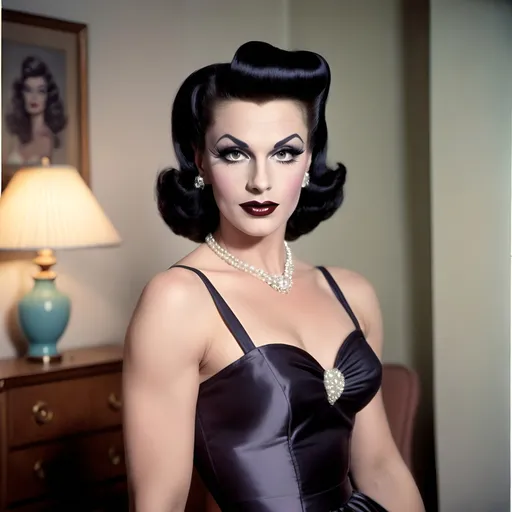 Prompt: A gorgeous muscular 30-year-old Czechian drag queen housewife (((dark eyeshadow and dark lipstick))) in the 1950s wearing a solid sweetheart swing dress. Posing in the living room.