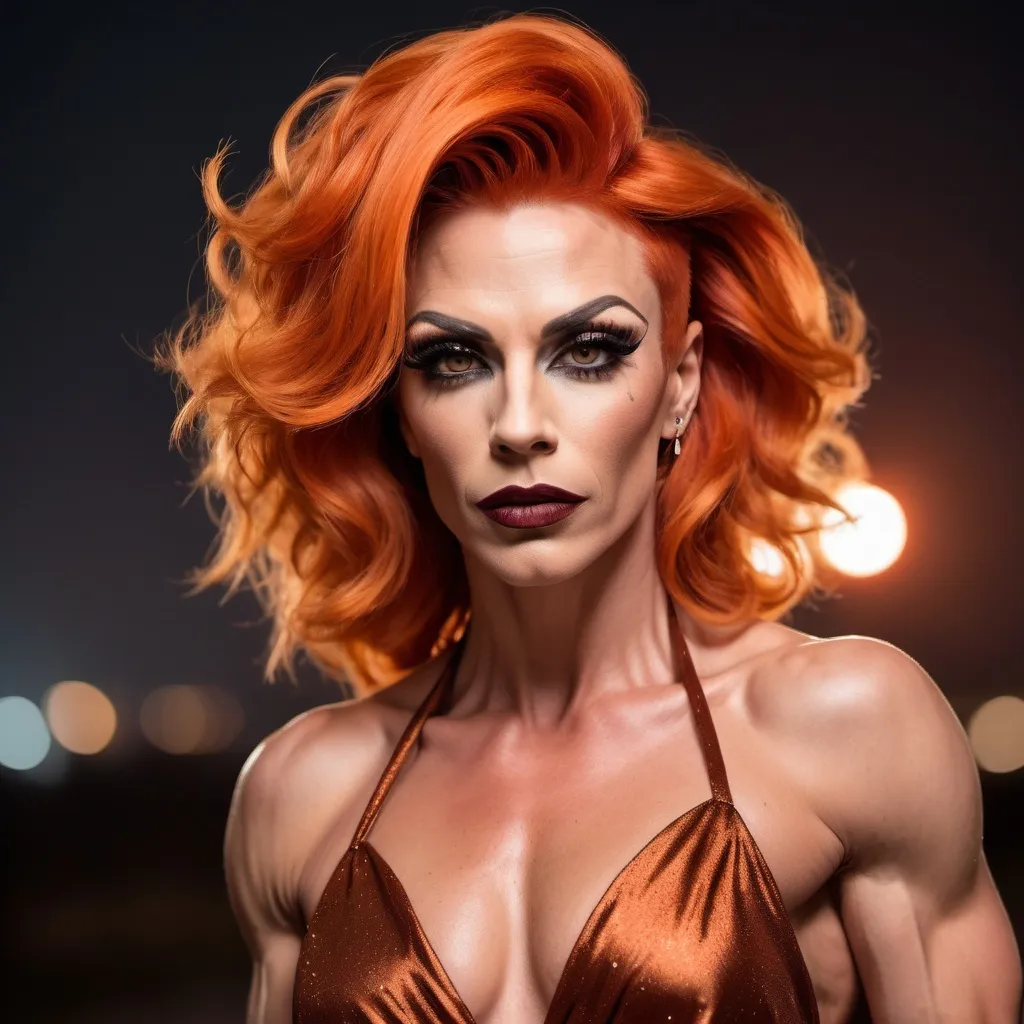 Prompt: Gorgeous ultra-muscular 35-year-old Czechian drag queen bodybuilder (masculine jawline and brow features) with short spiked Orange hair wearing a rust colored flowy gown, dark eye shadow, heavy mascara, and dark red lipstick, staring at the stars in the sky and feeling content.