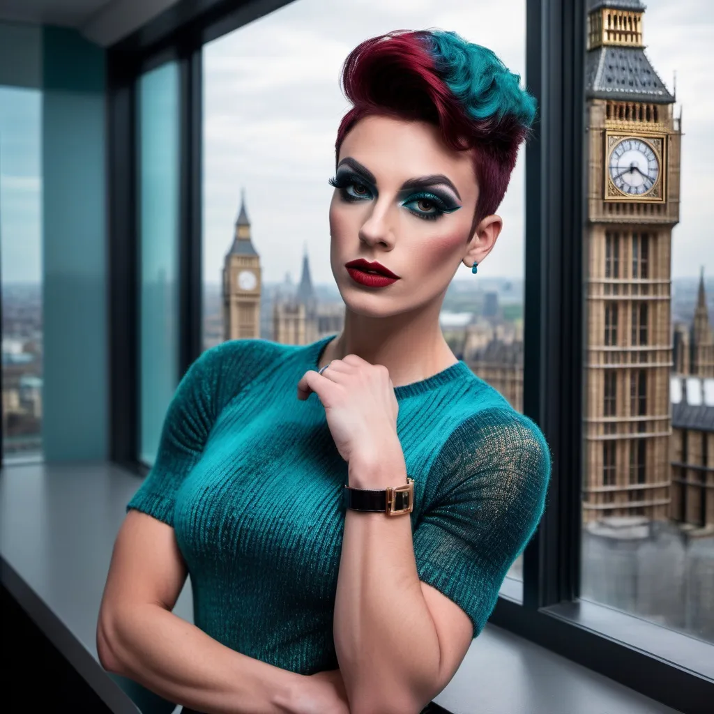 Prompt: Gorgeous muscular 25-year-old French drag queen with strong masculine jawline,  very short dark red hair, dark eyeshadow, and dark lipstick, in the CAD office wearing chenille knitted wrist in teal blue and red gradient, next to the window with London city and Big Ben view