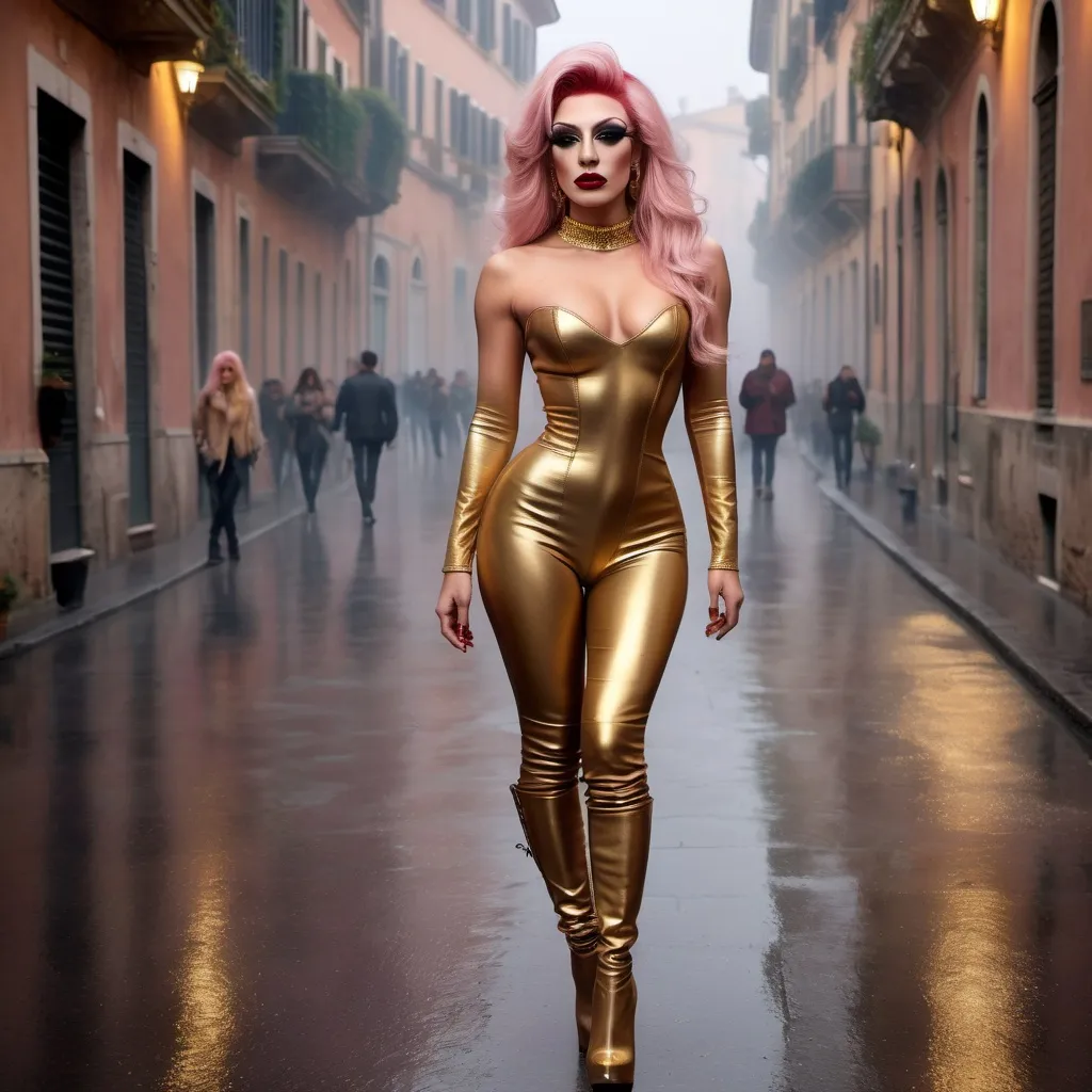 Prompt: Mysterious, Tall, gorgeous, muscular, 21-year-old Italian drag queen with platinum pink stylish hair, dark eyeshadow,  and dark red lipstick, wearing a beautiful gold outfit and 8 inch stiletto gold thigh-high stiletto high heel boots, walking the streets of Rome on a foggy evening.