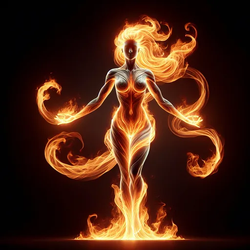 Prompt: flames swirling into gorgeous goddess with muscular physique made of fire, minimalistic, sleek