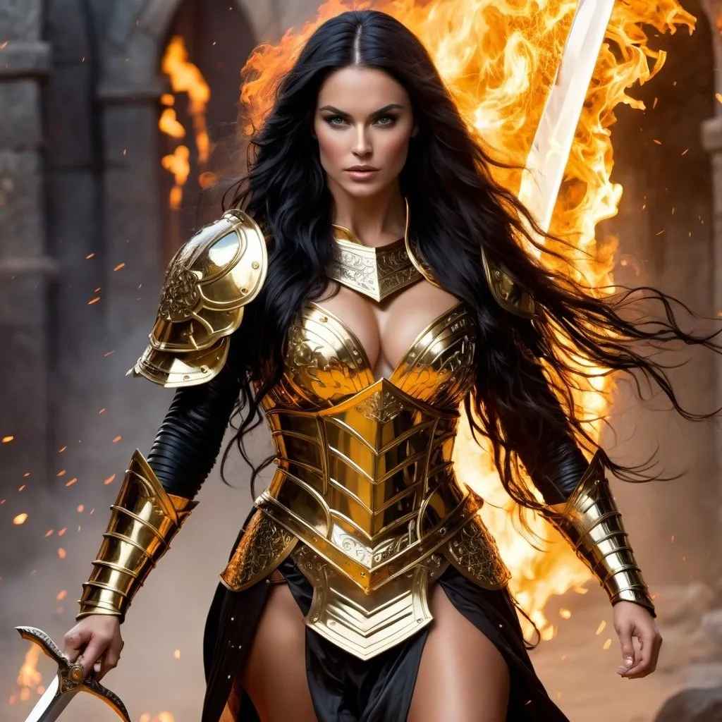 Prompt: Gorgeous ultra-muscular 25-year-old Swedish goddess with huge busom and ridiculously long wavy black hair, dressed as a warrior princess in complete shimmering golden steel armor and a gleeming golden longsword in the midst of a bloody and fiery battle.