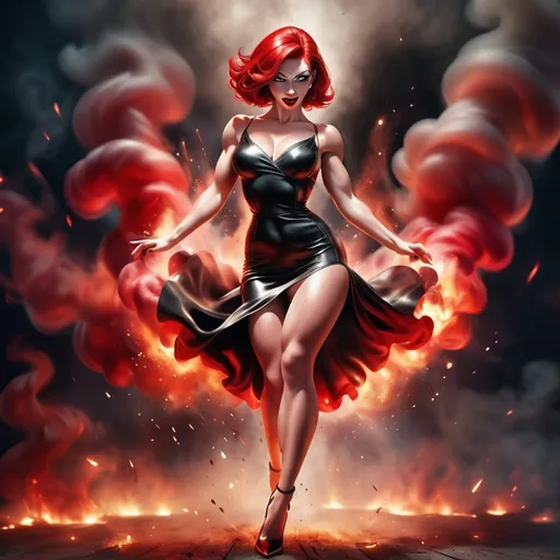 Prompt: A gorgeous ultra-muscular 25-year-old Czechian female goddess bodybuilder in a short dress, bright red hair and 8 inch stiletto high heel shoes, is spinning around surrounded by swirling smoke , fire background, dark eye shadow, dark red lipstick, full body portrait, high contrast sharp focus,  detailed, photorealistic,  studio volumétrique light, fog.